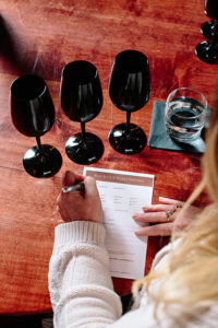 Black wine glasses at Quails' Gate test your tasting ability